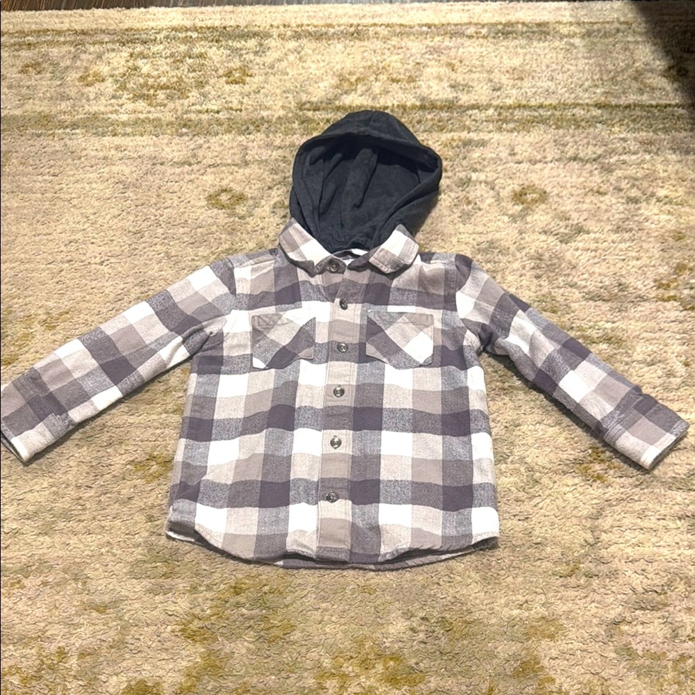 Rugged Butts Toddler Boy Gray Plaid Long Sleeve Shirt w/Detachable Hood 3T